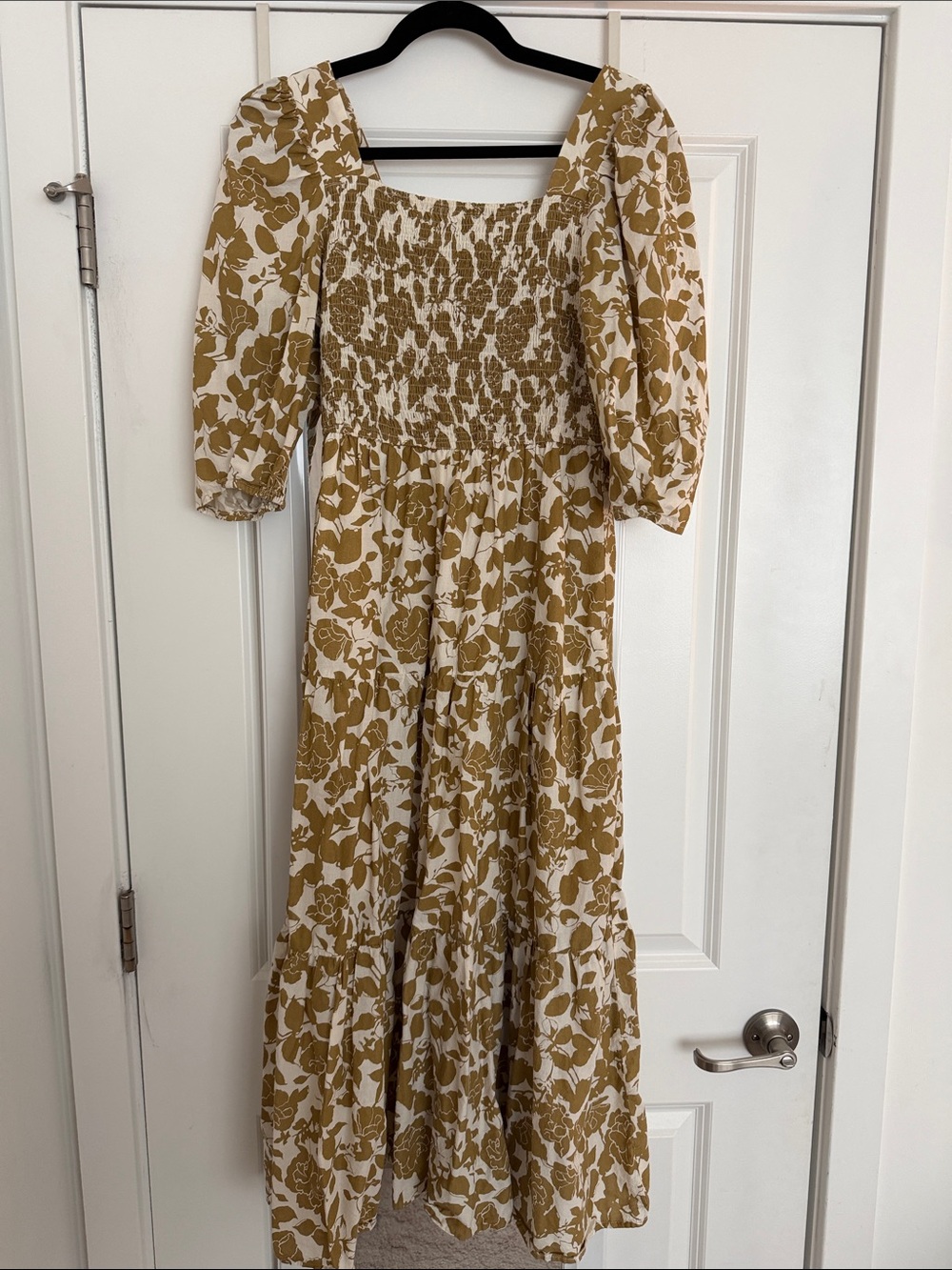 Moon River Mustard Floral Smocked Midi Dress